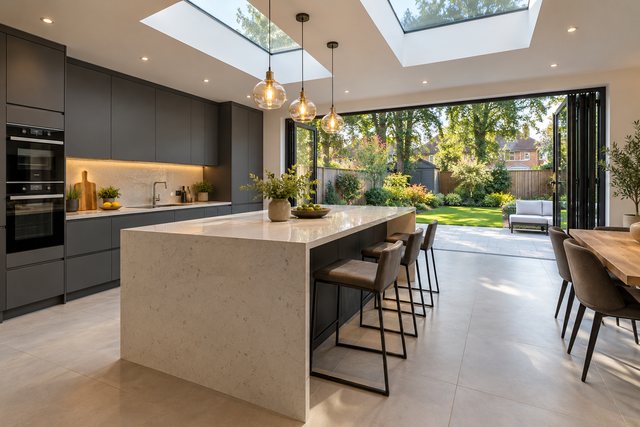 Example image: a finished kitchen opened into a rear extension with doors to the garden