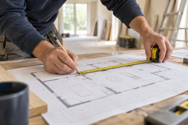 Example image: measuring up and marking a drawing during a survey visit