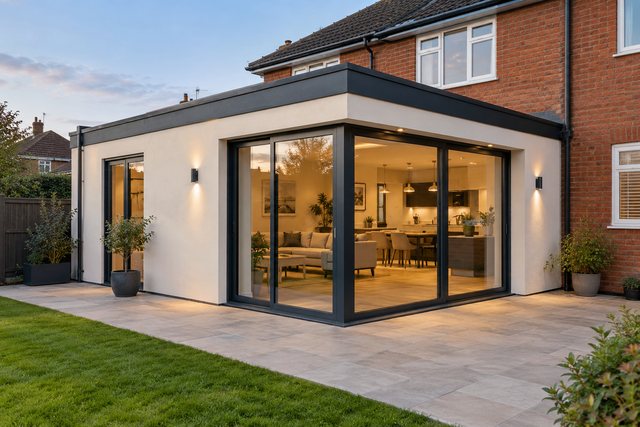 Example image: a finished single storey rear extension with large glazed doors onto a garden