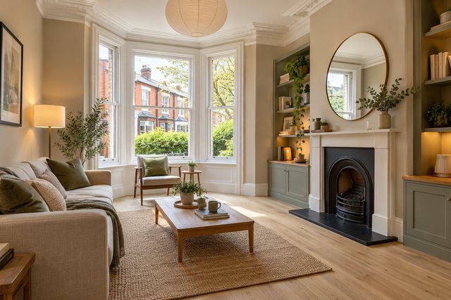 Example image: a refurbished living room with a fireplace and new decoration