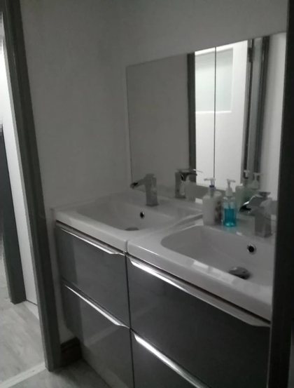 A fitted vanity unit with a mirrored cabinet above it